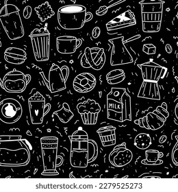 Seamless pattern with doodle coffee items as coffee makers, cups, bakery, milk, cookies, croissant, donut, macaron for wrapping paper, textile, print, poster menu