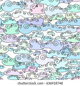 seamless pattern Doodle Collection of Hand Drawn cartoon cute simple clouds outlines shapes Blue teal lilac purple. black outline on a white background. Vector