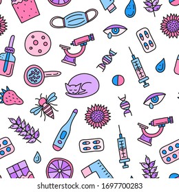 Patrón transparente con íconos alérgicos coloreados con doodle, incluyendo erupción cutánea, ojo hueco, mascarilla, gato, abeja miel, microscopio, dnk, frasco de pipeta, jeringa, termómetro.