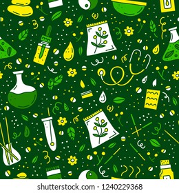 Seamless pattern with doodle colored alternative medicine and ayurveda icons.