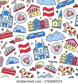 Seamless pattern with doodle colored Austria icons including Vienna Cathedral, train, chalet house, church, Alpine mountains, cow, cave, flag, schnitzel, strudel, etc.