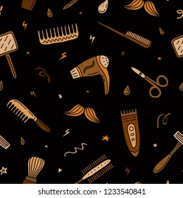 Seamless pattern with doodle colored barber shop icons.