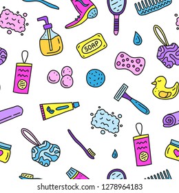 Seamless pattern with doodle colored bathroom and hygiene icons.