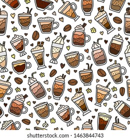 Seamless pattern with doodle colored coffee drinks, beans, flowers and hearts.