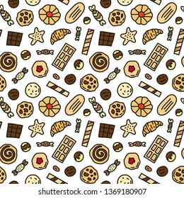 Seamless pattern with doodle colored cookies, waffles and candies.