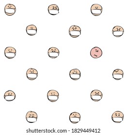 Seamless pattern doodle colored faces all in masks except one of them. Different emotions. Vector illustration.