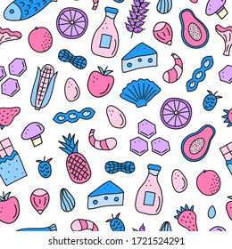 Seamless pattern with doodle colored food allergens including fish, seafoods, cheese, milk, wheat, mushrooms, citrus, honey, chocolate, tropic fruits.