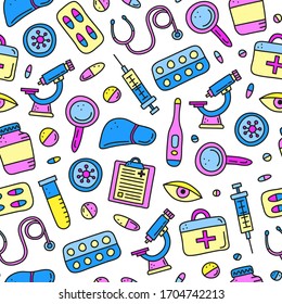 Seamless pattern with doodle colored hepatitis medical icons including liver, microscope, syringe, test tube, eye, first aid kit, stethoscope loupe, virus.