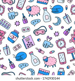 Patrón sin foco con insomnio de color doodle e íconos del tiempo de la cama incluyendo almohada, reloj, leche, oveja, luna, pastillas, libro, smartphone, gato, máscara de sueño, osito de peluche, etc.