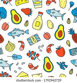 Patrón sin foco con alimentos de yodo coloreados con doodle, incluyendo bacalao, atún, sal, brócoli, yogur, leche, huevos, ciruelas, algas, gambas, piña, etc.