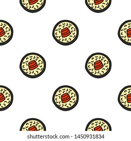 Seamless pattern with doodle colored maki sushi.