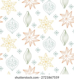 Seamless pattern with doodle colored outline Christmas decorations paper geometric stars, balls, icicles with snowflakes. Minimalistic holiday for winter wrapping paper, textile prints or seasonal