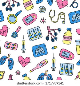 Seamless pattern with doodle colored pneumonia icons including alveoli, lungs, x-ray, cough syrup, heart, icu ventilator, pulse oximeter, vaccine ampoules, etc.
