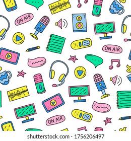 Seamless pattern doodle colored podcast icons including smartphone, tablet, headphones, microphone, voice recorder, play button, loudspeaker, speech bubble.