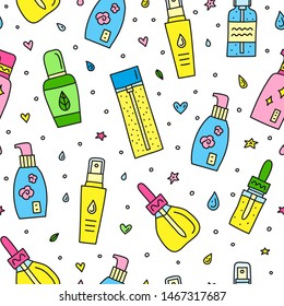 Seamless pattern with doodle colored skin care serum, ampoule, essence bottles.