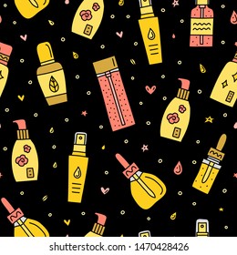 Seamless pattern with doodle colored skin care serum, ampoule, essence bottles.