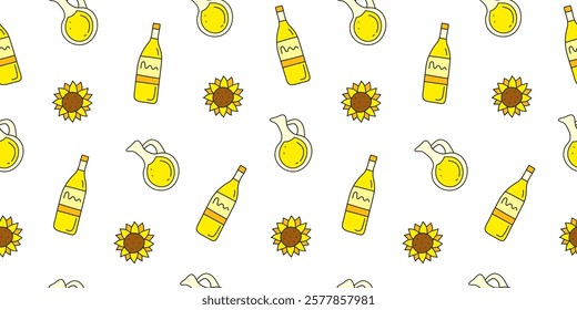 Seamless pattern with doodle colored sunflower oil in glass bottles, jugs and flowers on white background. Vegetable fats. Healthy nutrition concept.