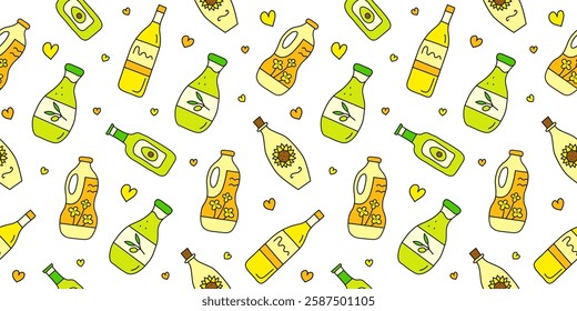 Seamless pattern with doodle colored sunflower, olive, canola, avocado oils in glass, plastic bottles on white background. Vegetable fats. Healthy nutrition concept.