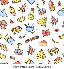 Seamless pattern with doodle colored Switzerland travel icons including cheese, chocolate, cable car, train, Alpine mountains, house chalet, fondue etc isolated on white background.