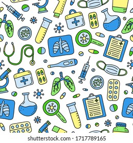 Seamless pattern with doodle colored tuberculosis items, including lungs x-ray, medical mask, microscope, thermometer, syringe, loupe, bacteria, pocket inhaler.