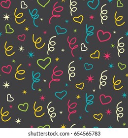 Seamless pattern with doodle colorful festive elements. Multicolored hand drawn confetti, ribbons, stars, hearts on black background. Funny carnival texture. Vector illustration.