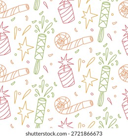 Seamless pattern with doodle, colorful fireworks, rockets, a tube, confetti, and stars. bright festive background for party wrapping paper, festive textile prints, or seasonal graphic design.