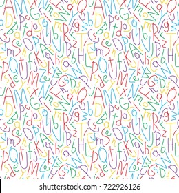 Seamless pattern with doodle colorful hand drawn letters. Funny kids drawing style. Colored elements on white background. Funny vector design for children print, wrapping, wallpaper, scrapbook.