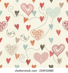seamless pattern with doodle colorful hearts on texture background