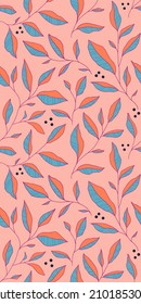 Seamless pattern with doodle colorful leaves. Vector floral background with stylized tree branches. Hand drawn design elements for fabric, print, cover, banner, invitation.