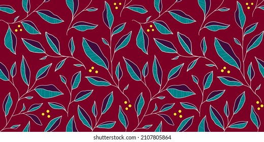 Nahtloses Muster mit duftenden bunten Blättern. Vektorfloraler Hintergrund mit stylisierten Baumzweigen. Handgezeichnete Design-Elemente für Stoff, Druck, Deckel, Banner, Einladung.