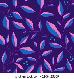 Seamless pattern with doodle colorful leaves. Vector floral background with stylized tree branches. Hand drawn design elements for fabric, print, cover, banner, invitation.