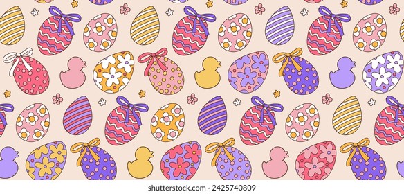 Seamless pattern with doodle colorful painted Easter eggs. Vector doodle colorful background, design for wrapping, wallpaper, invitations for Easter holiday. Hand drawn background for spring holiday