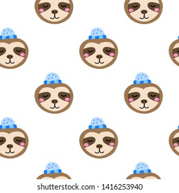 Seamless pattern with doodle colorful sloth faces.