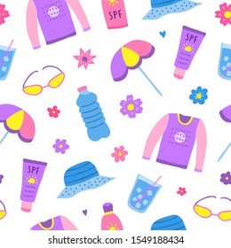 Seamless pattern with doodle colorful sun safety icons.