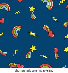 Seamless pattern with doodle comets, lightnings, rainbows on deep dark blue background. Vector illustration.