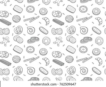 Seamless pattern of doodle cookies and biscuit in black outline isolated over white background