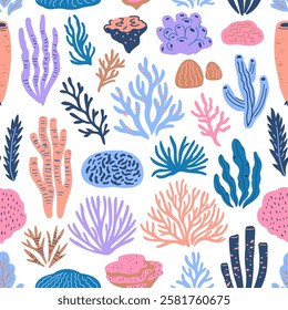 Seamless pattern with doodle corals and seaweeds. Hand-drawn cute cartoon vector illustration.