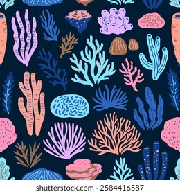 Seamless pattern with doodle corals and seaweeds. Hand-drawn cute cartoon vector illustration.