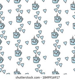 Seamless pattern doodle cozy hot drink in a blue cup with pink hearts and blue hearts on a white background, festive cozy details vector illustration