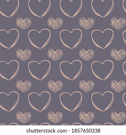 Un patrón sin fisuras de corazones crema de doodle sobre un telón de fondo malva suave. Pastel Fondo para tarjetas de San Valentín, tejidos, textiles, postales y sitios web. Ilustración del vector romántico.