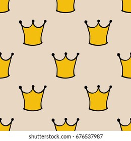 Seamless pattern with doodle crowns. Cute baby background for printing on textile, fabric, surfaces, patchwork, scrap-booking. Vintage retro style.