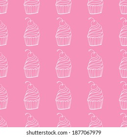 Seamless pattern with doodle cupcakes with cherry on top on trendy pink background. Vector for cards, banners, wrapping paper, posters, scrapbooking, pillow, cups and fabric design. 
