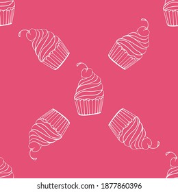 Patrón inmaculado con quequitos de doodle con cerezo sobre fondo rosado de moda. Vector para tarjetas, carteles, papel de envoltura, carteles, reserva de recortes, almohada, tazas y diseño de tela. 