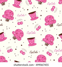 Seamless pattern with doodle cupcakes, cups and cherries
