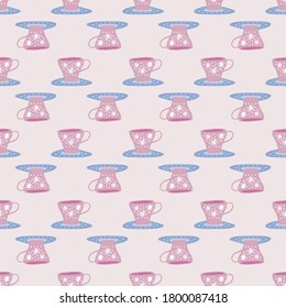 Seamless pattern with doodle cups and liquids. Pink and blue tone dishes with flower ornament. Pastel tone artwork. Great for wallpaper, textile, wrapping paper, fabric print. Vector illustration.