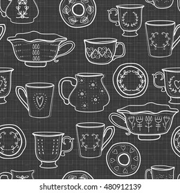 Seamless pattern with doodle cups. Vector.