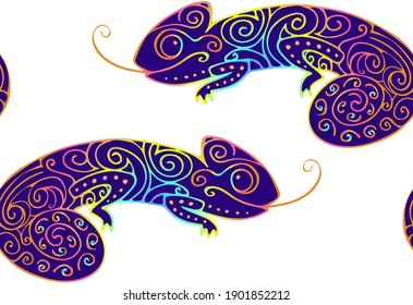 Seamless Pattern with Doodle Curled Rainbow Colors Chameleon Isolated on White Background. Hand Drawn Reptile Vector Multi Color Cartoon Illustration. Ornate drawing for Baby Print, Accessories. 