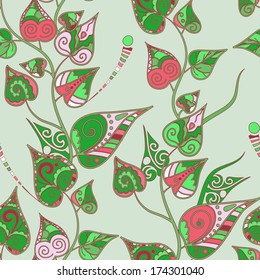 Seamless pattern with doodle curly leaves and branches