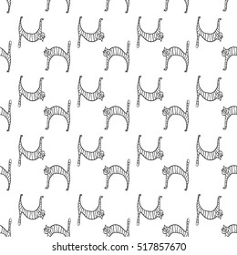 Seamless pattern with doodle cute cats on white background. Vector black and white illustration for design