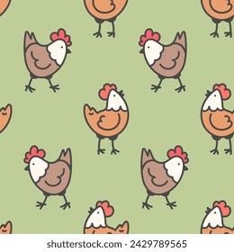 Seamless pattern with doodle cute chickens